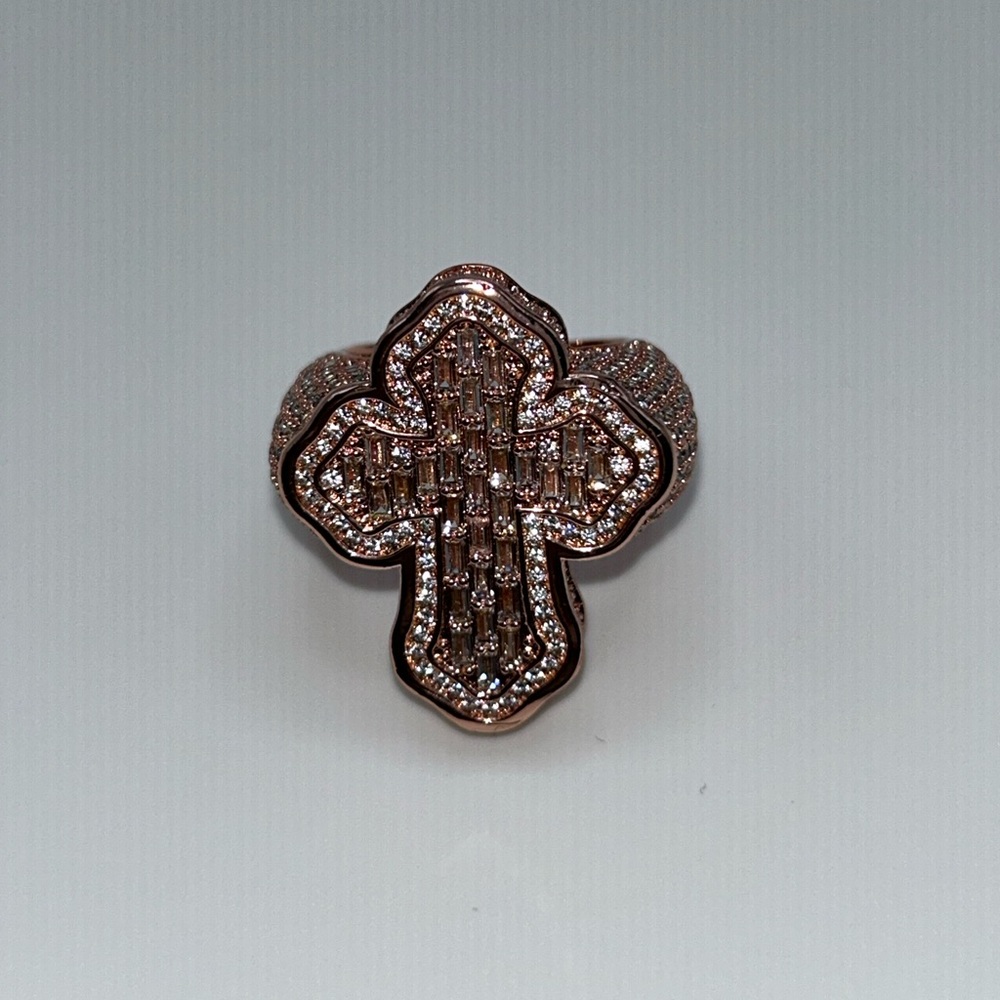 Iced Out Diamonds Baugette Jesus Cross Ring Rose Gold Pink